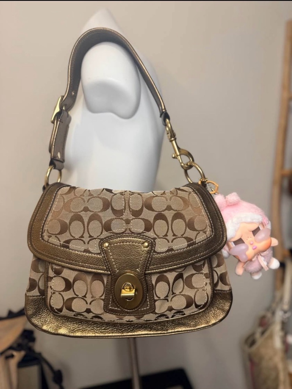 Coach Ali 65th Anniv Legacy Stripes and Metallic Leather Shoulder Bag - Brown